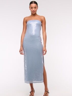 Abercrombie & Fitch Strapless Sequin Midi Dress in Light Blue